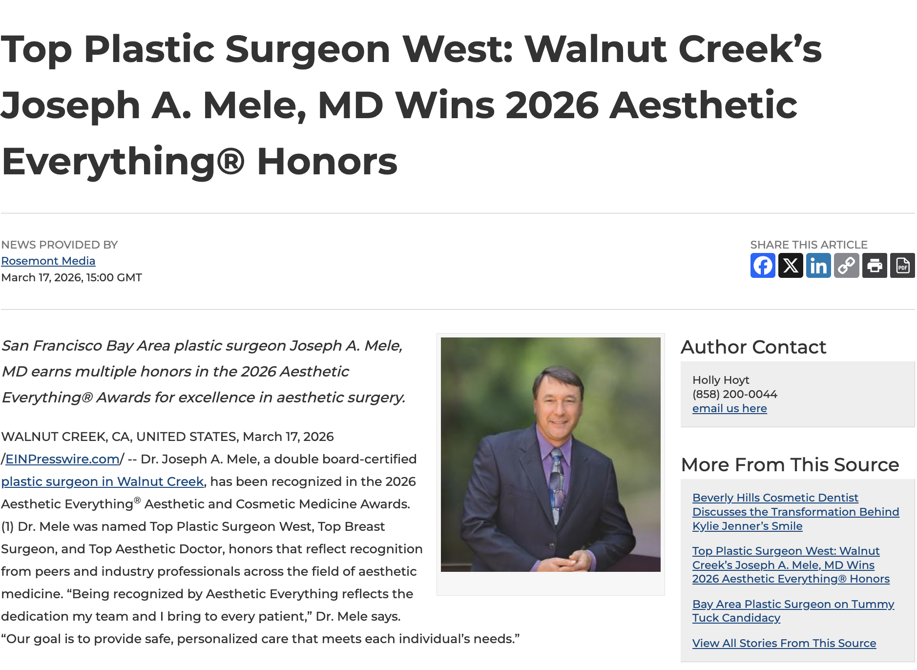 Dr. Joseph A. Mele, a plastic surgeon in the San Francisco Bay Area, has achieved the honor of 2026 Top Plastic Surgeon West in Aesthetic Everything.