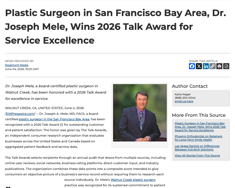 Joseph Mele, MD, a board-certified plastic surgeon in Walnut Creek, CA, wins a 2026 Talk Award for excellence in service.