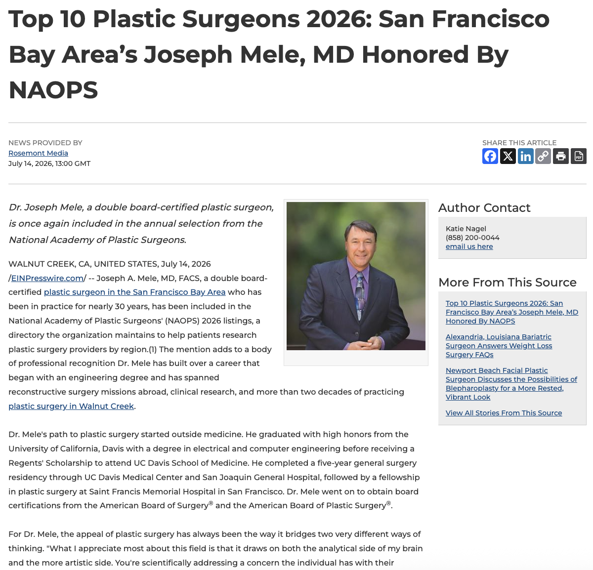 San Francisco Bay Area and Walnut Creek plastic surgeon Joseph A. Mele, MD is a Top 10 Plastic Surgeon in the National Academy of Plastic Surgeons’ annual list.